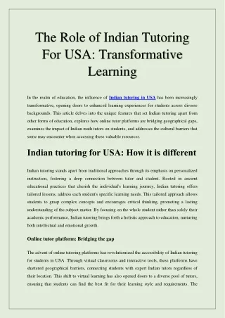 The Role of Indian Tutoring For USA