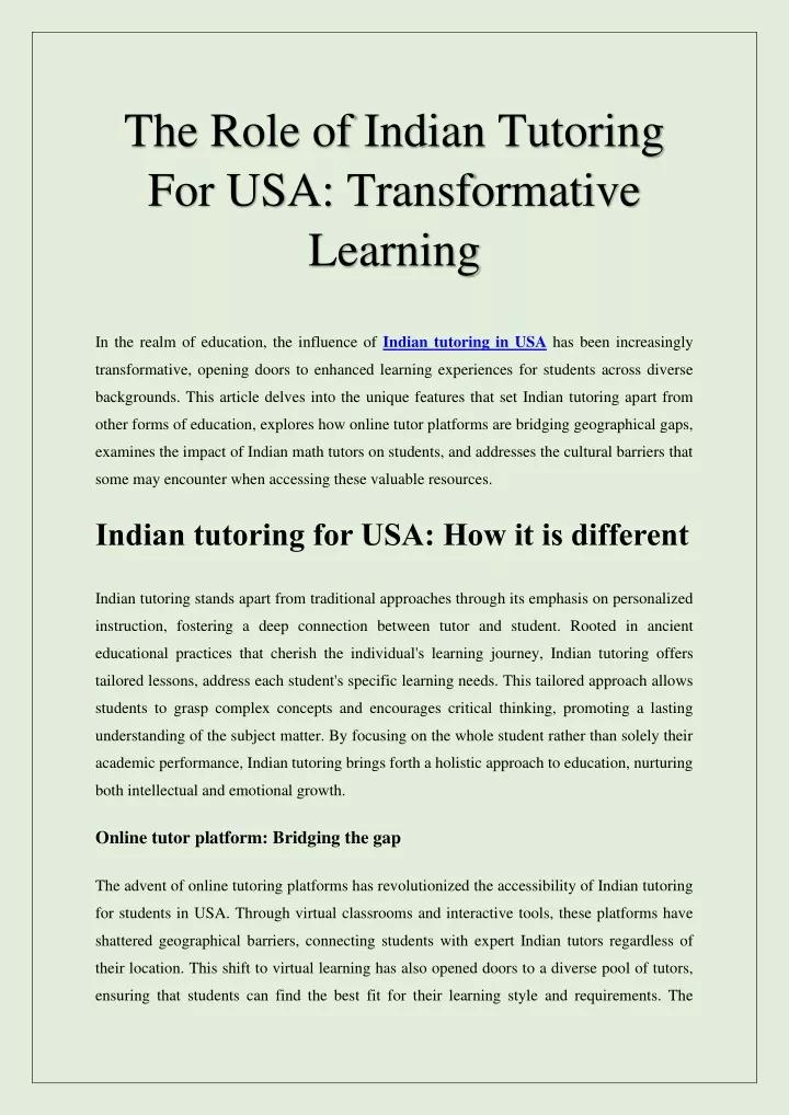 the role of indian tutoring