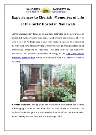Experiences to Cherish Memories of Life at the Girls' Hostel in Nanawati