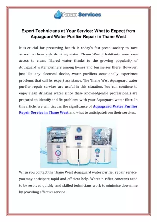 Expert Technicians at Your Service What to Expect from Aquaguard Water Purifier Repair in Thane West