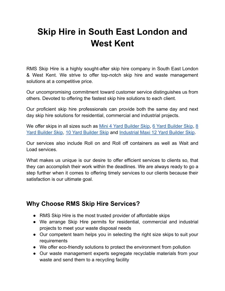 skip hire in south east london and west kent