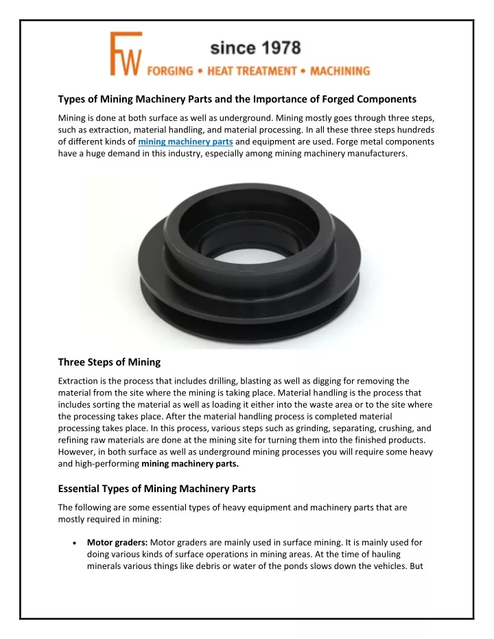 types of mining machinery parts