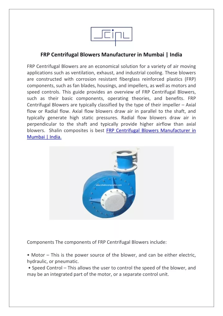 frp centrifugal blowers manufacturer in mumbai