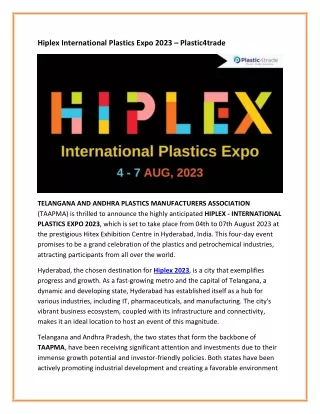 HIPLEX International Plastics Expo 2023 - Plastic4trade