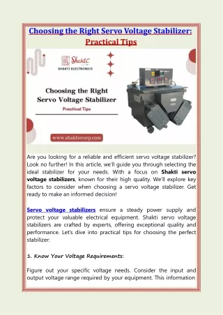 Choosing the Right Servo Voltage Stabilizer: Practical Tips