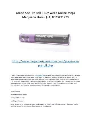 Grape Ape Pre Roll Buy Weed Online Mega Marijuana Store - ( 1) 8023491779