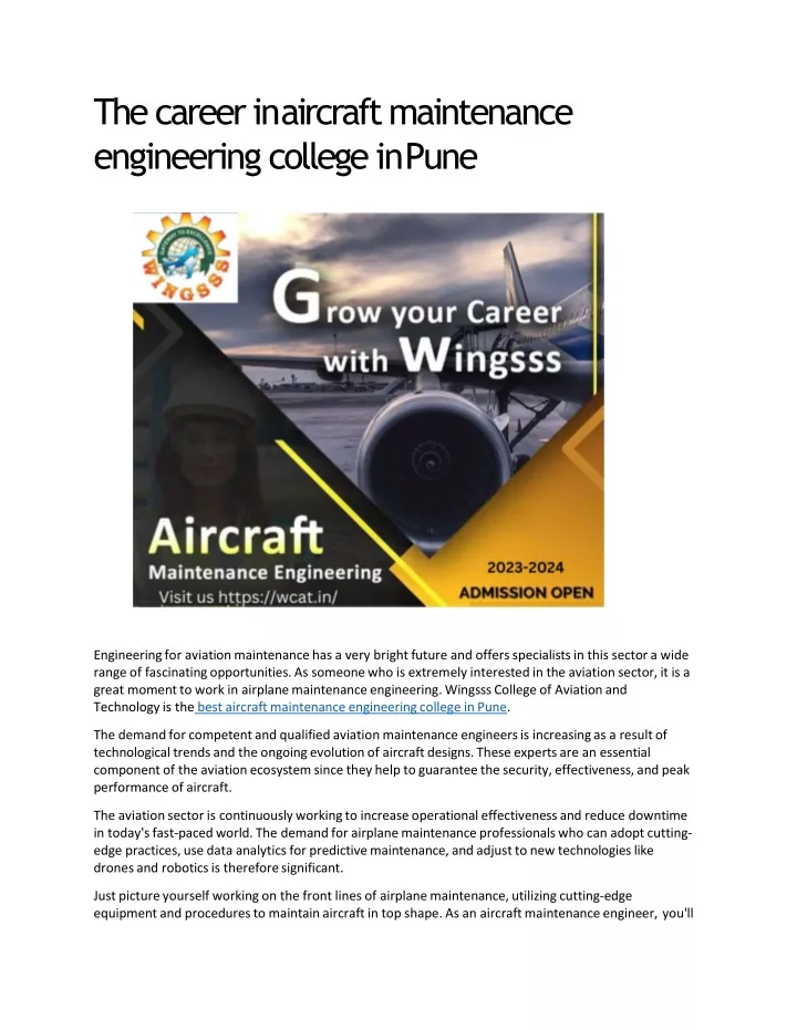 the career in aircraft maintenance engineering college in pune