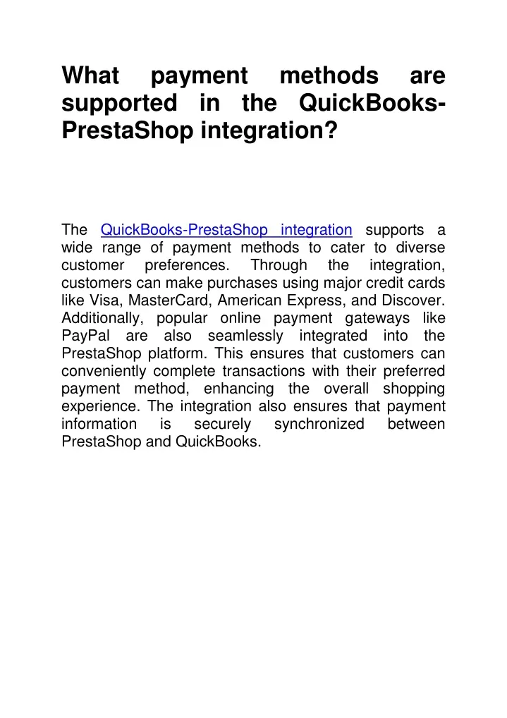 what supported in the quickbooks prestashop