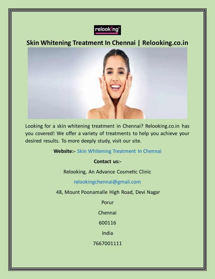 skin whitening treatment in chennai relooking