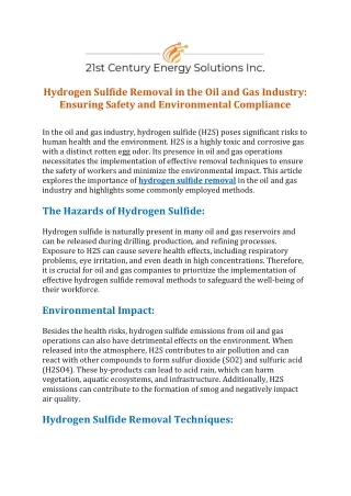 Hydrogen Sulfide Removal in the Oil and Gas Industry Ensuring Safety and Environmental Compliance