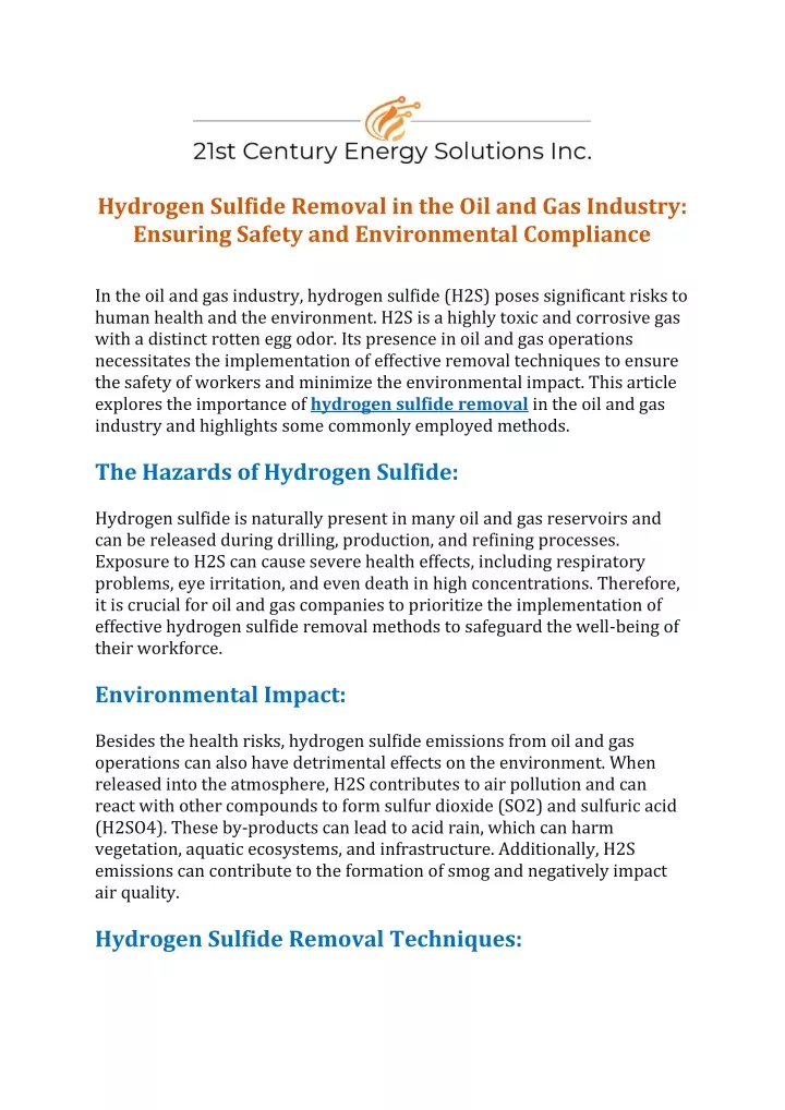 hydrogen sulfide removal