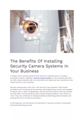The Benefits Of Installing Security Camera Systems In Your Business