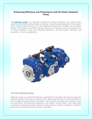 Enhancing Efficiency and Performance with the Eaton Hydraulic Pump