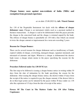 Cheque bounce cases against non-residents of India NRIs and exemption from personal experience