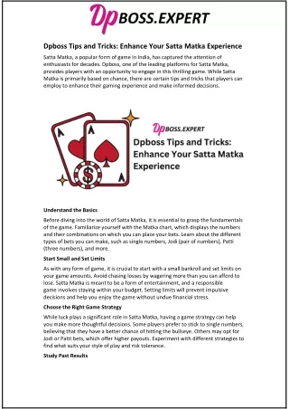 Dpboss Tips and Tricks: Enhance Your Satta Matka Experience