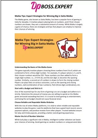 Matka Tips: Expert Strategies for Winning Big in Satta Matka
