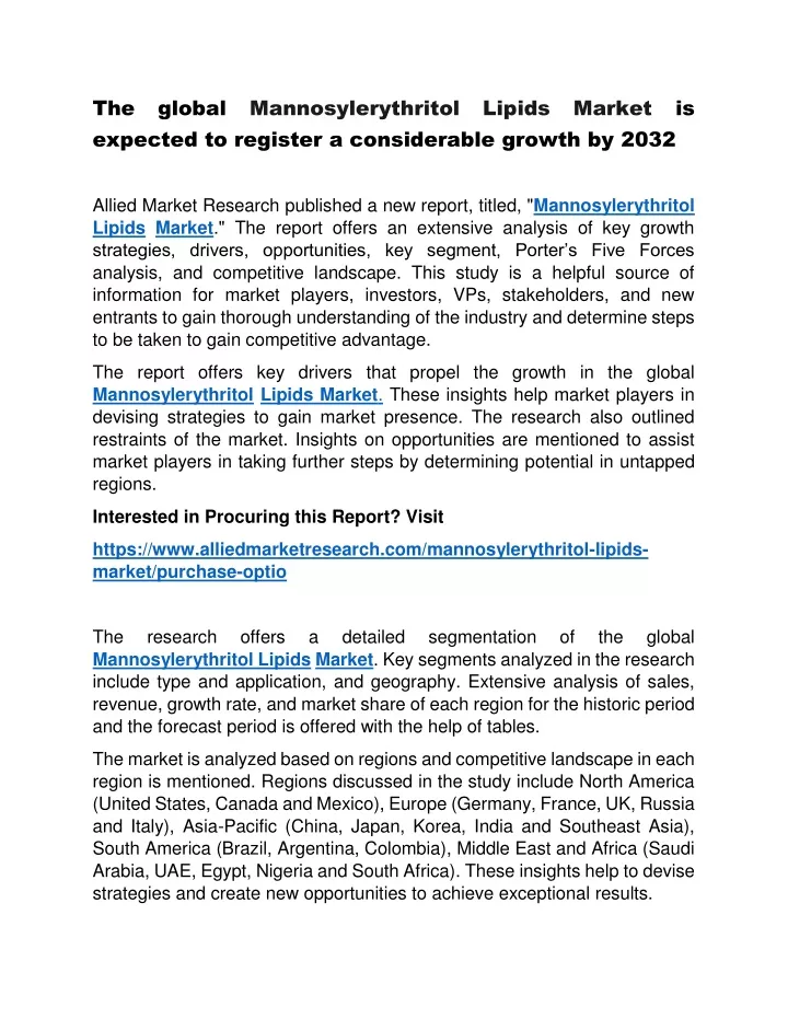 the global mannosylerythritol lipids market