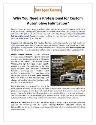 Automotive Fabrications Services in Florida