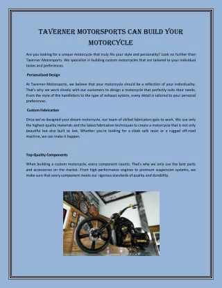 Taverner Motorsports Can Build Your Motorcycle