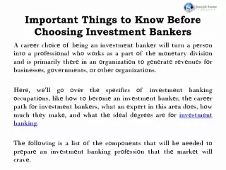 Joseph Stone Capital - Important Things To Know Before Choosing Investment Bankers