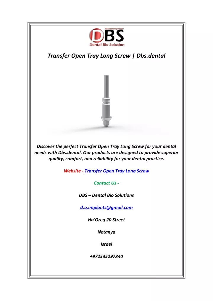 transfer open tray long screw dbs dental