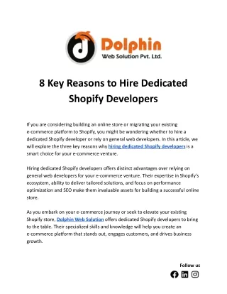 8 Key Reasons to Hire Dedicated Shopify Developers
