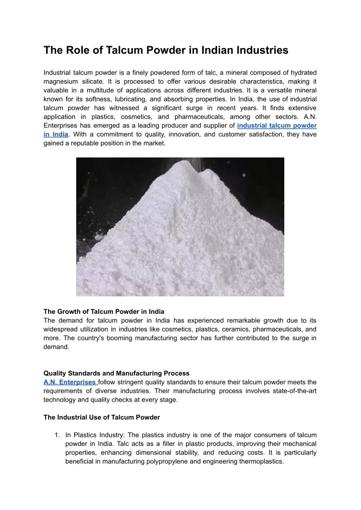 the role of talcum powder in indian industries