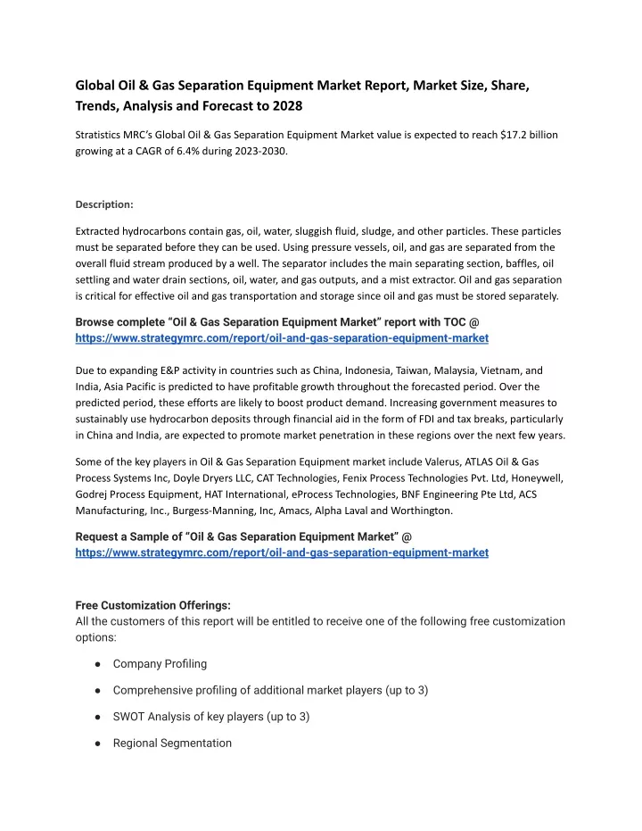 global oil gas separation equipment market report