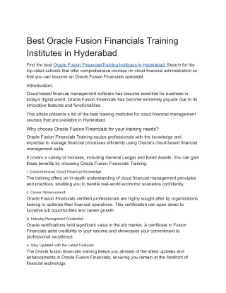 Best Oracle Fusion Financials Training Institutes in Hyderabad