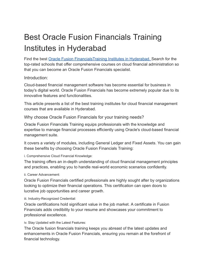 best oracle fusion financials training institutes