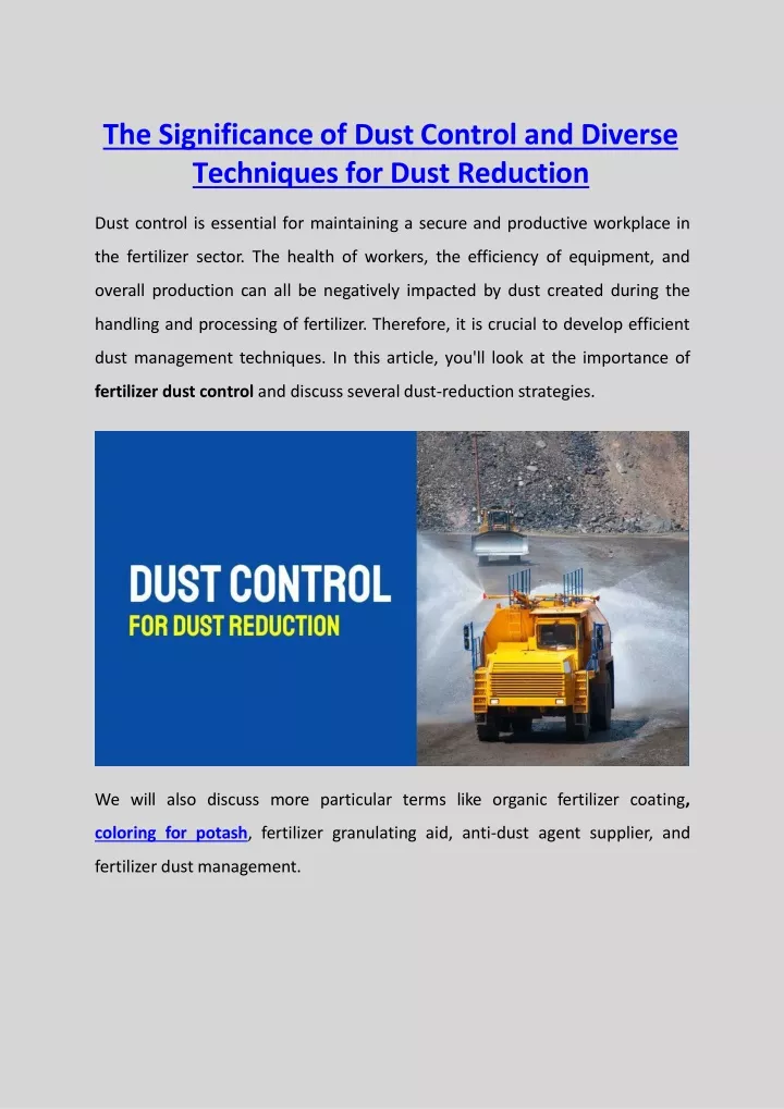 the significance of dust control and diverse techniques for dust reduction