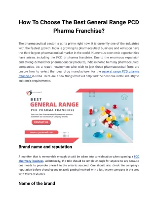 Best General Range PCD Pharma Franchise