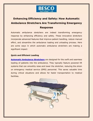 Enhancing Efficiency and Safety How Automatic Ambulance Stretchers Are Transforming Emergency Response