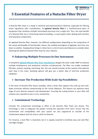 5 Important Characteristics of Nutsche Filter Dryer