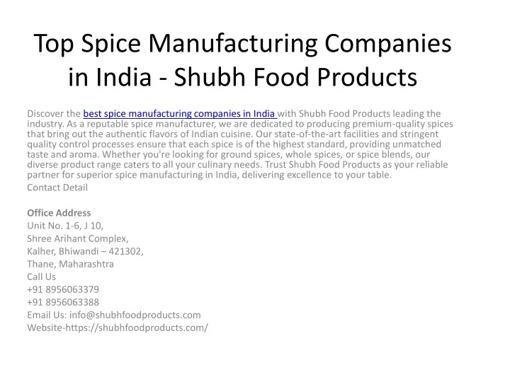 top spice manufacturing companies in india shubh food products