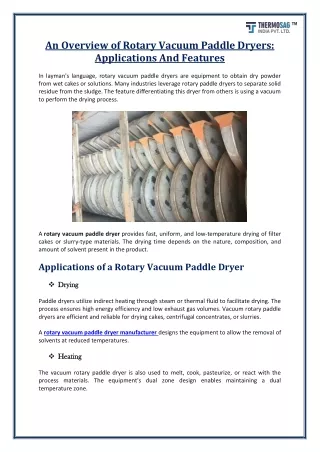 Application And Features Of Rotary Vacuum Paddle Dryer