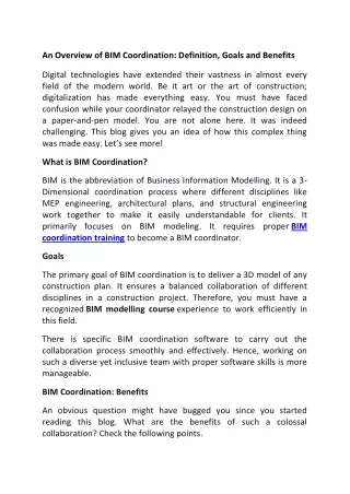 An Overview of BIM Coordination, Definition, Goals and Benefits