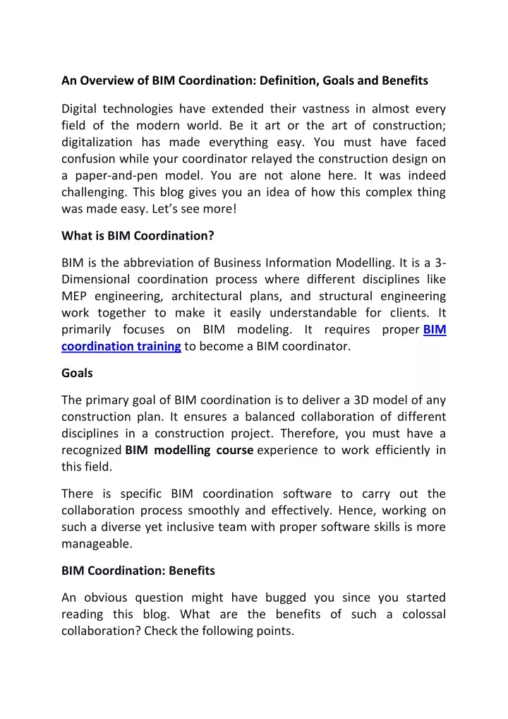 an overview of bim coordination definition goals