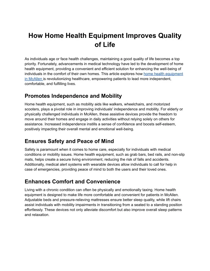 how home health equipment improves quality of life