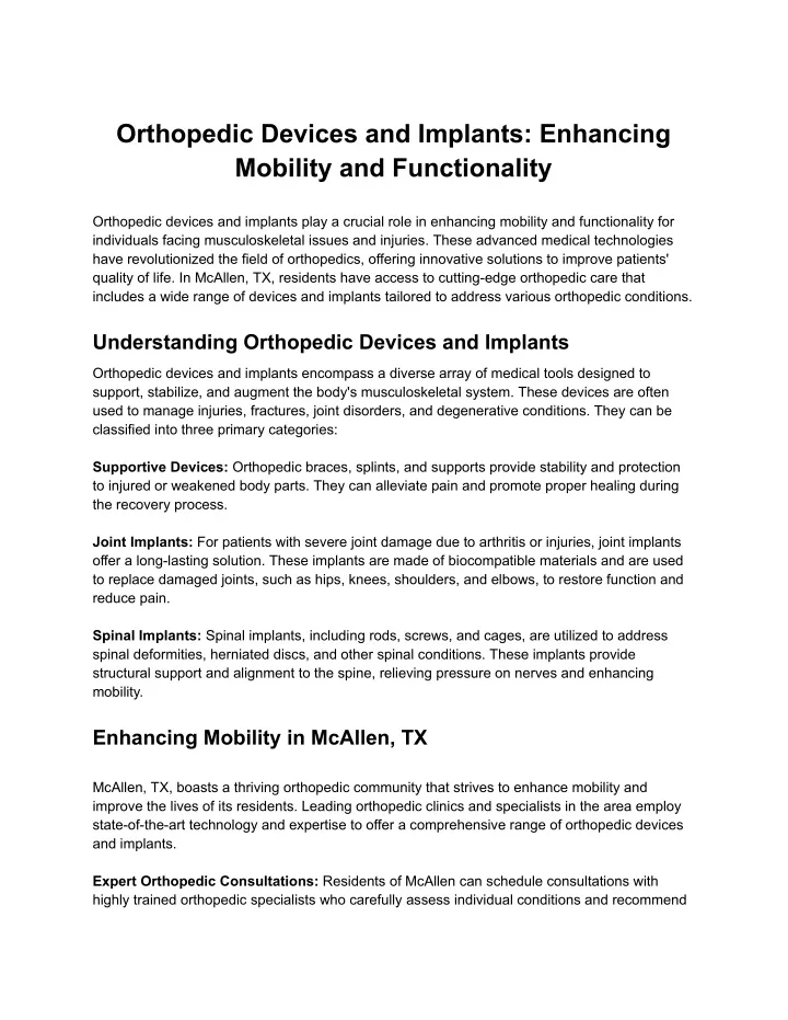 orthopedic devices and implants enhancing