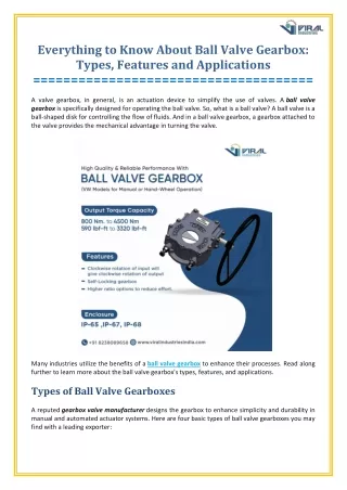 Types, Features and Application of Ball Valve Gearbox
