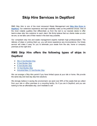 Skip Hire Services in Deptford