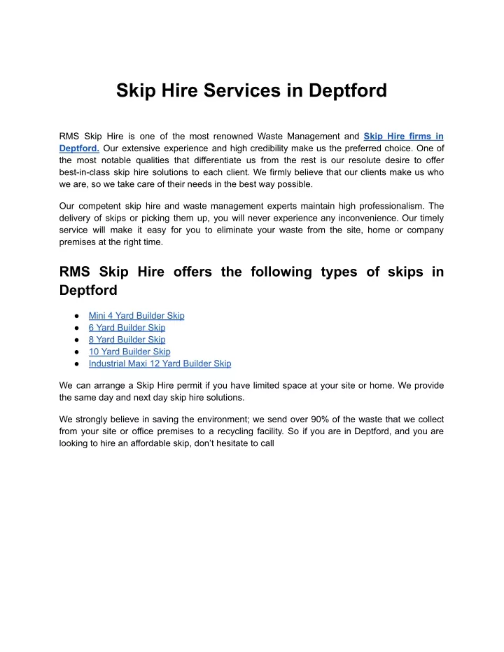 skip hire services in deptford