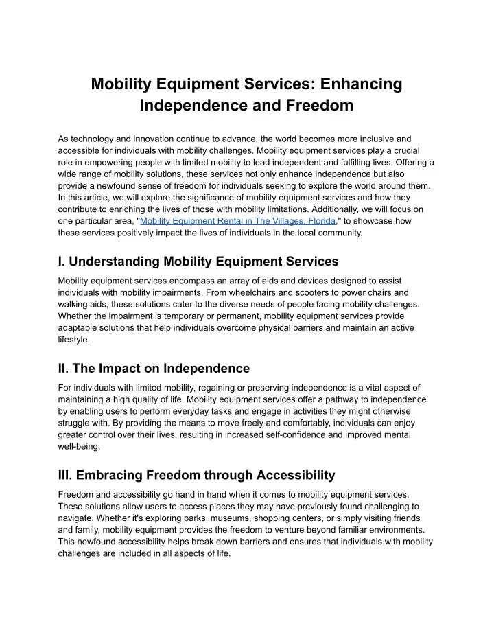 mobility equipment services enhancing