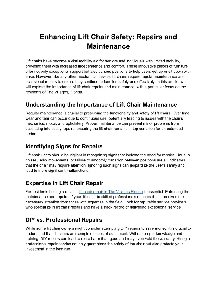 enhancing lift chair safety repairs