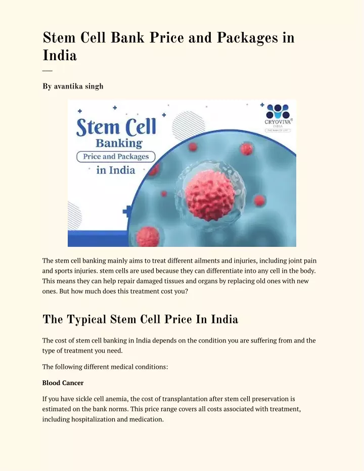 stem cell bank price and packages in india