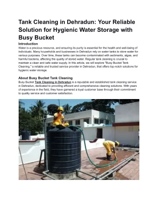 Tank Cleaning in Dehradun: Your Reliable Solution for Hygienic Water Storage