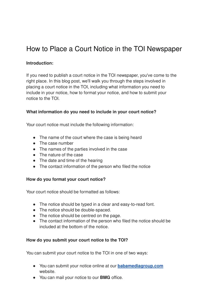 how to place a court notice in the toi newspaper