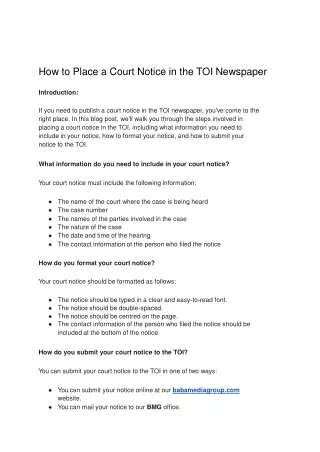 how to place Court Notice in the TOI Newspaper
