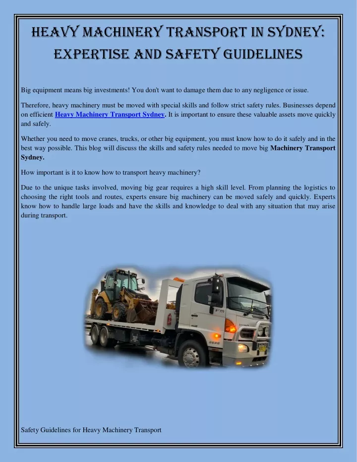 heavy machinery transport in sydney expertise